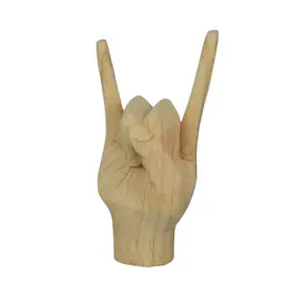 Zeckos - Carved Wooden Rock On Devil Horns Hand Gesture Statue Natural Finish Home Decor - Brown