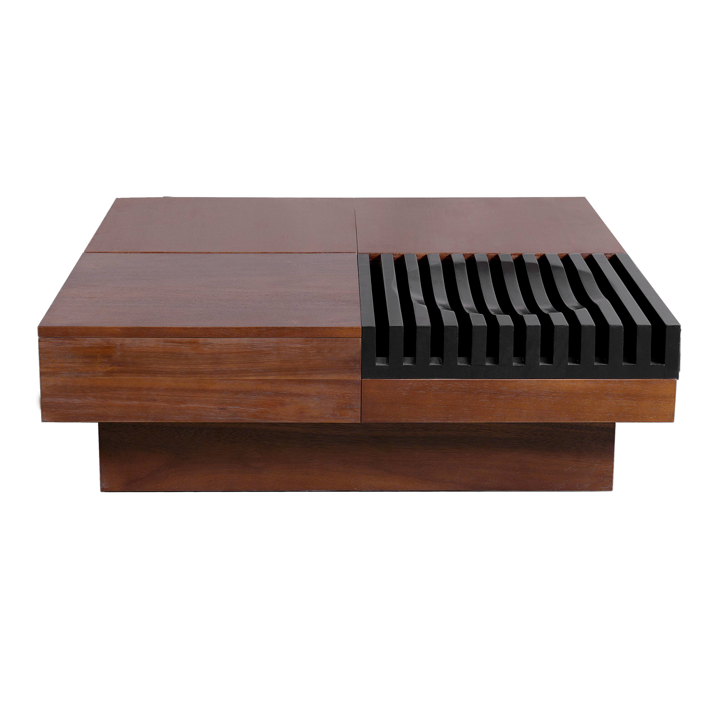 Angle. Lirago - 35" Brown Italian Retro Acacia Wood Coffee Table Solid Wood Crafted Small Living Room Style with Hidden Storage Drawer - Brown.