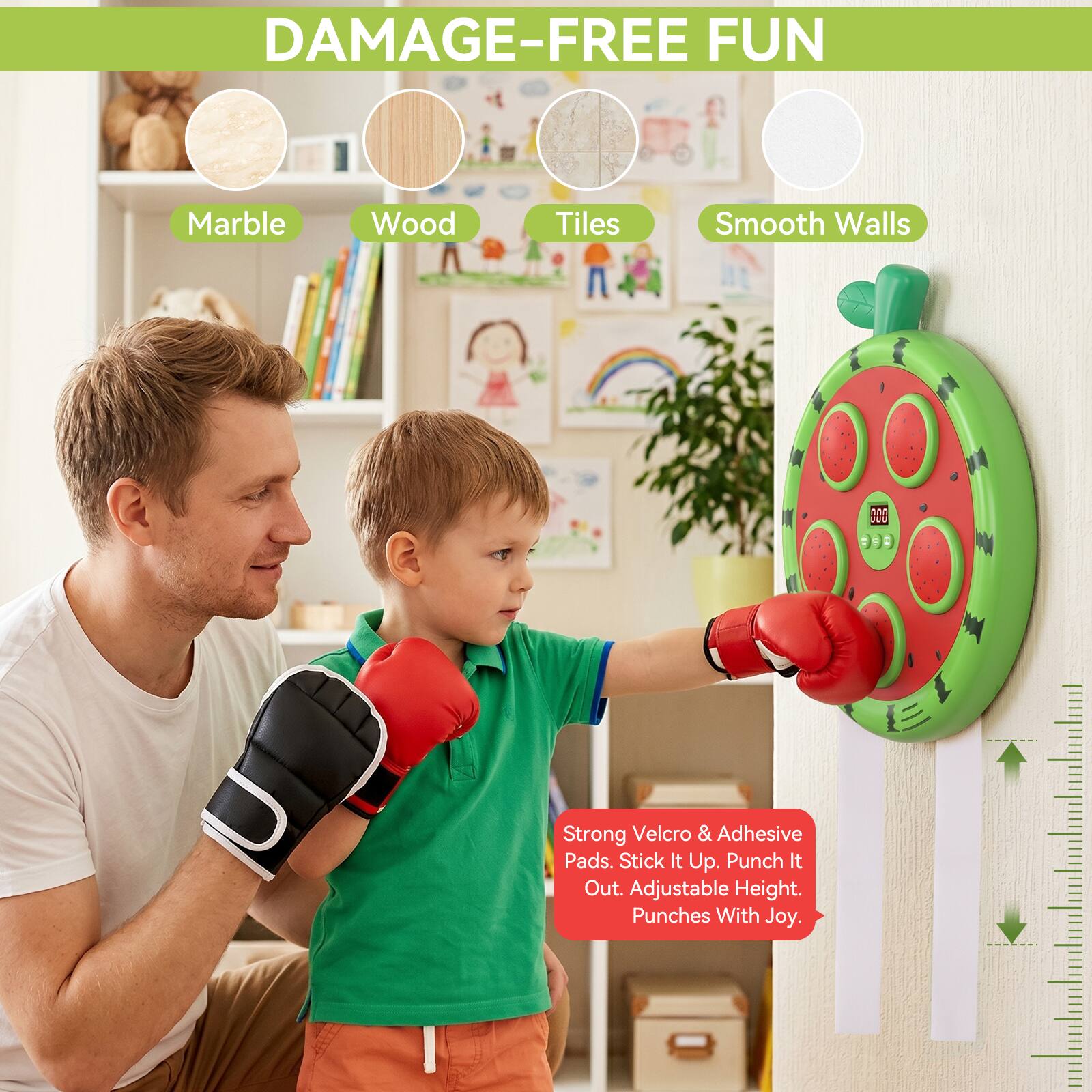 DAMAGE-FREE FUN

Marble Wood Tiles Smooth Walls

Strong Velcro & Adhesive Pads. Stick It Up. Punch It Out. Adjustable Height. Punches With Joy.