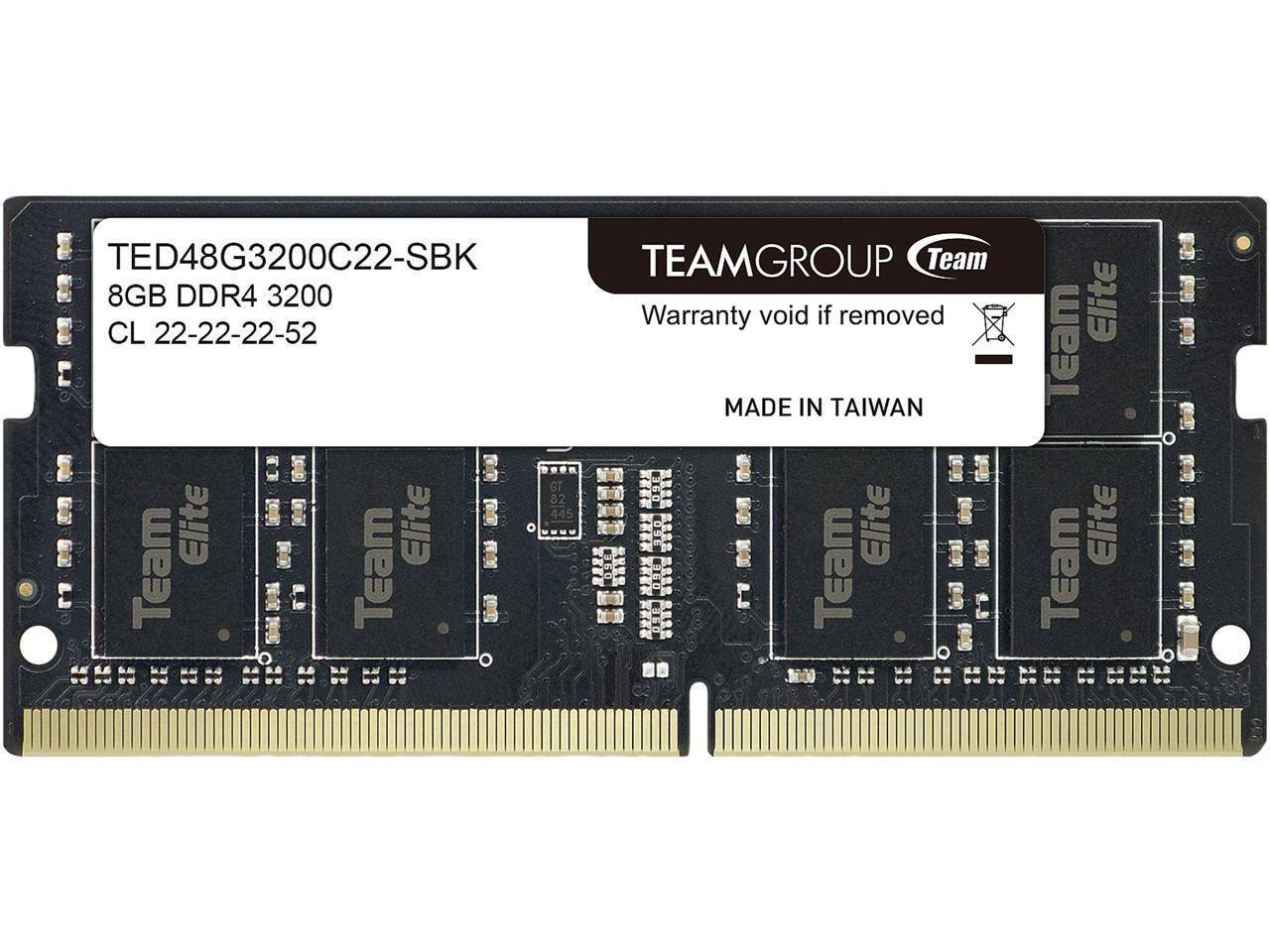 TED48G3200C22-SBK  
TEAMGROUP Team 8GB DDR4 3200  
CL 22-22-22-52  
MADE IN TAIWAN  
Warranty void if removed  
TEAMGROUP Team Elite  
TEAM Elite  
TEAM Elite  
TEAM Elite  
TEAM Elite  
TEAM Elite  
TEAM Elite  
TEAM Elite