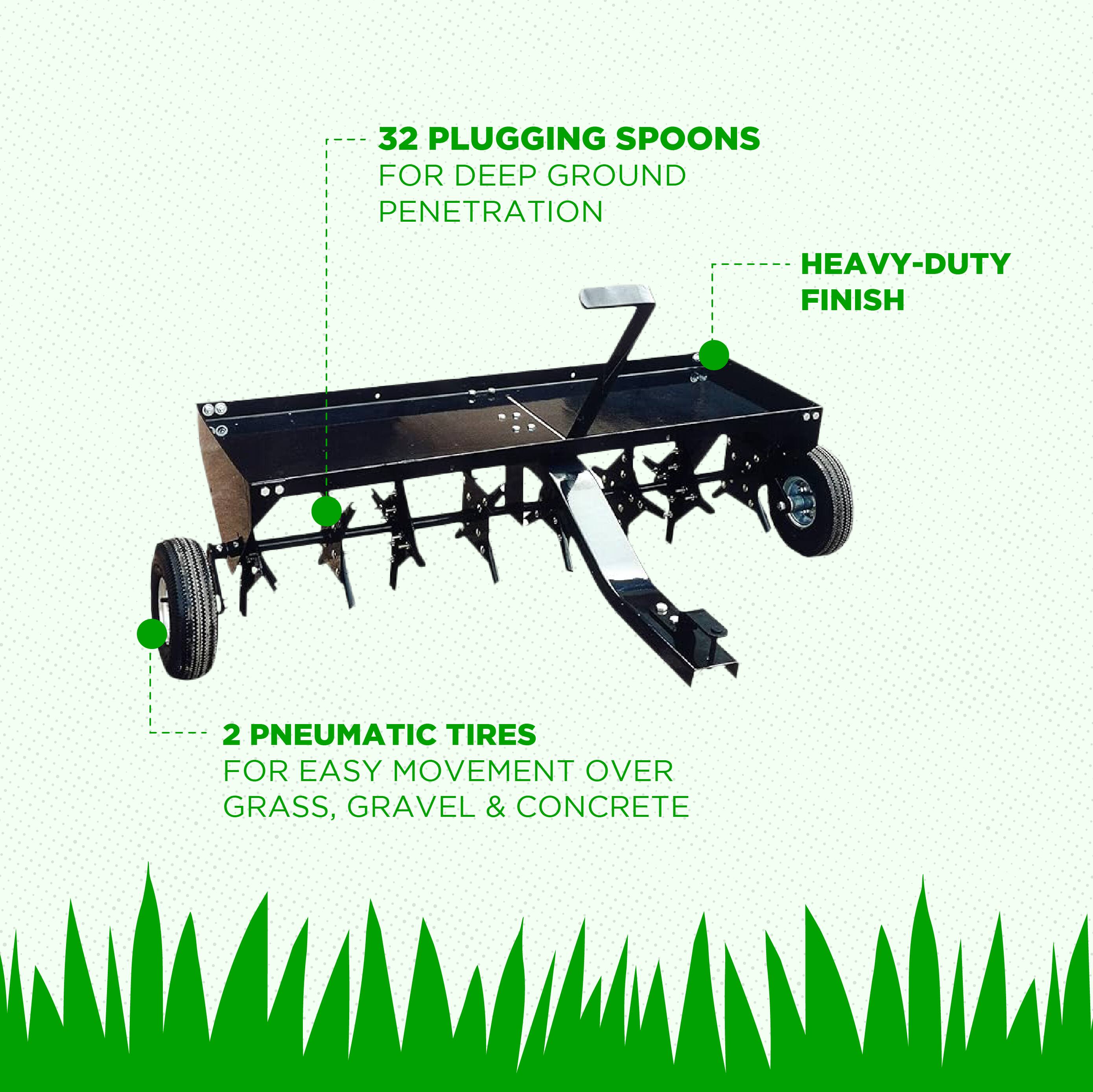 - 32 PLUGGING SPOONS FOR DEEP GROUND PENETRATION
- HEAVY-DUTY FINISH
- 2 PNEUMATIC TIRES FOR EASY MOVEMENT OVER GRASS, GRAVEL & CONCRETE