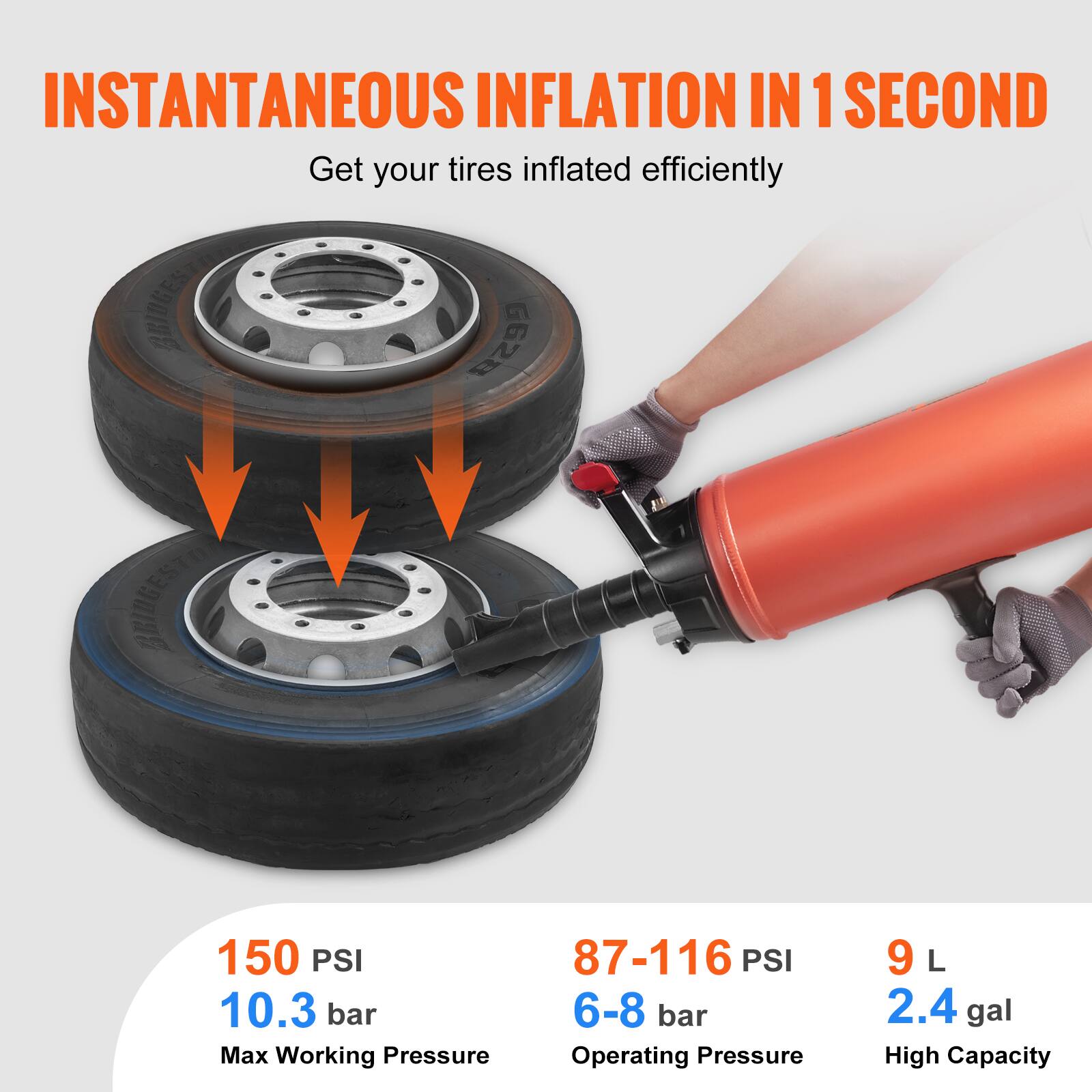 INSTANTANEOUS INFLATION IN 1 SECOND  
Get your tires inflated efficiently  

150 PSI  
10.3 bar  
Max Working Pressure  

87-116 PSI  
6-8 bar  
Operating Pressure  

9 L  
2.4 gal  
High Capacity
