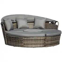 Resenkos - 4-Piece Round Convertible Daybed with Cushions, Outdoor Sectional Furniture, PE Rattan - Gray