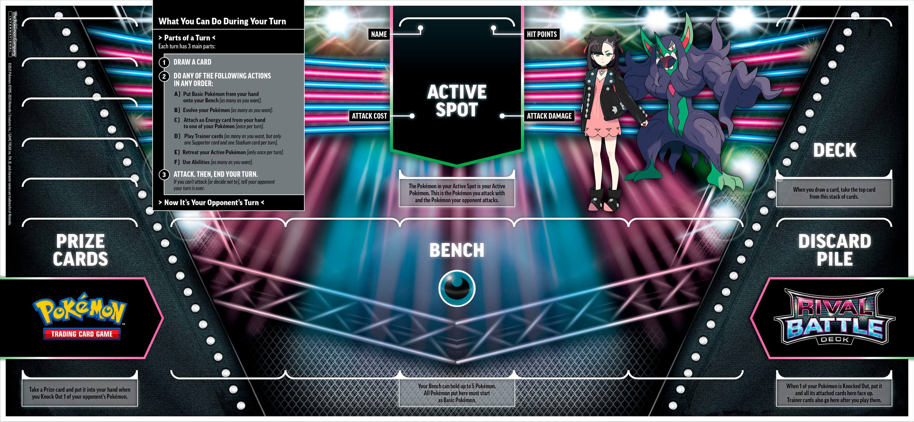 The image features a Pokemon trading card game, with a focus on the "Active Spot" and "Deck" areas. The "Active Spot" is where the Pokemon you are attacking with is placed, while the "Deck" is where you draw cards from. The image also shows a "Prize Cards" area, where you can take prize cards and put them in your hand when you knock out your opponent's Pokemon. The game allows you to perform various actions during your turn, such as drawing cards, evolving your Pokemon, and using abilities. The image also shows a "Bench" area where you can place your Pokemon, and a "Discard Pile" where you can discard unwanted cards. The game is played between two opponents, with each taking turns attacking and defending with their Pokemon.