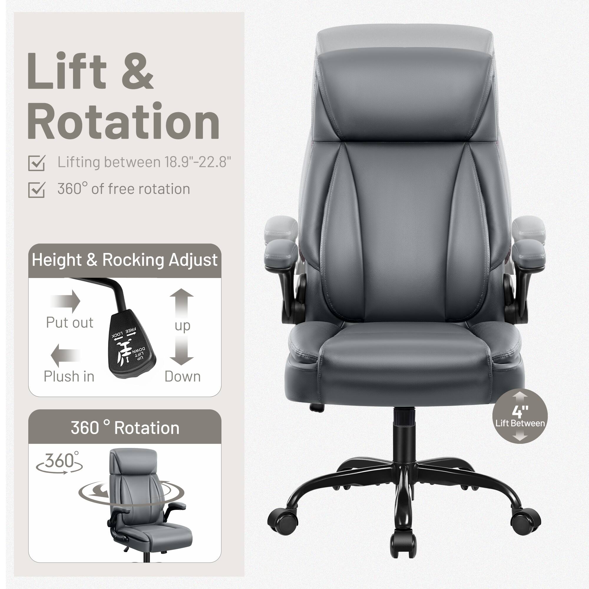 Lift & Rotation  
- Lifting between 18.9"-22.8"  
- 360° of free rotation  

Height & Rocking Adjust  
- Put out  
- Plush in  
- Up  
- Down  

360° Rotation  

4" Lift Between