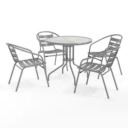 Emma + Oliver - Rhea 31.5'' Round Glass Top Metal Table with 4 Aluminum Slat Stack Chairs - Silver