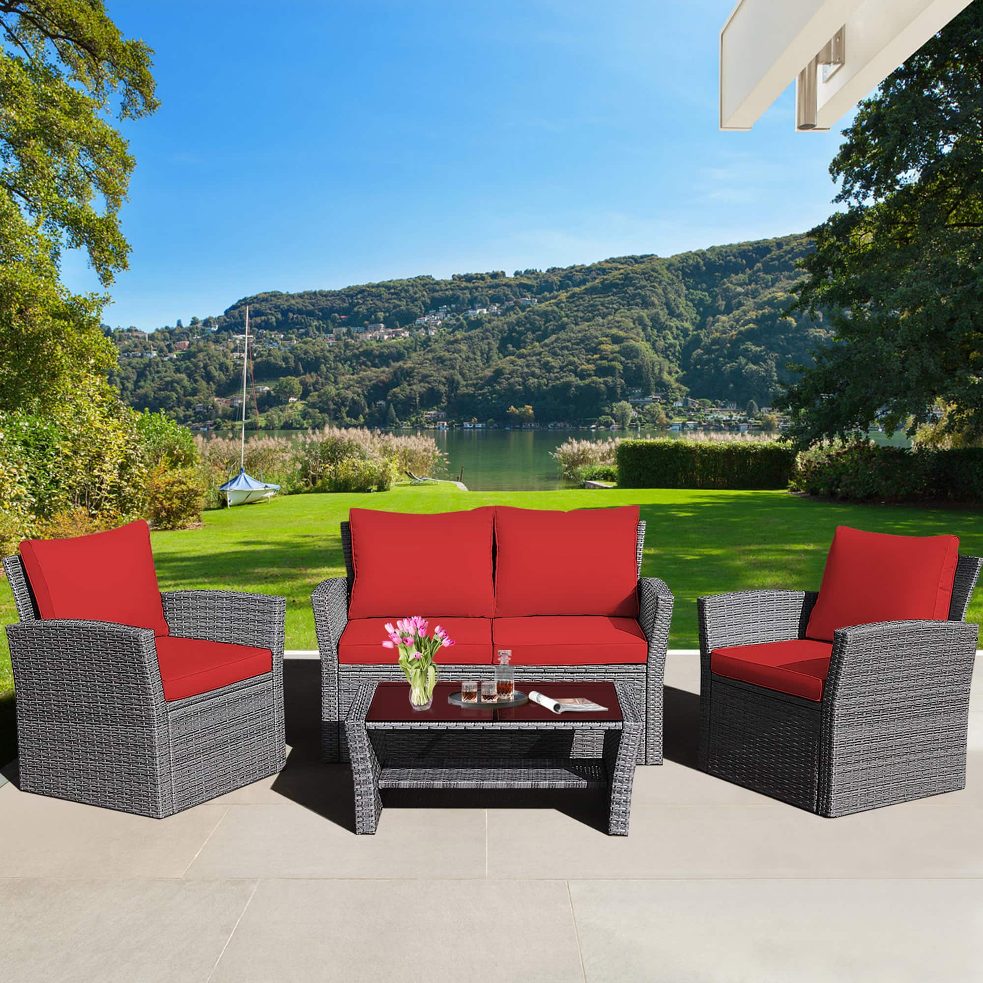 Gymax - 4PCS Patio Rattan Conversation Set Outdoor Furniture Set w/ Cushions - Red price history on PriceWatchPro