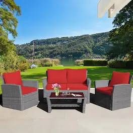Gymax - 4PCS Patio Rattan Conversation Set Outdoor Furniture Set w/ Cushions - Red