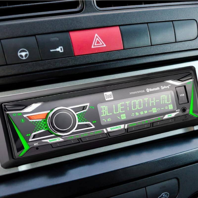 Sure, here is the corrected and grouped text from the image:

- XRM69RGB
- Bluetooth Plug™
- BLUETOOTH-MU
- Dual
- USB
- AUX
- DIM
- RESET
- SOURCE
- MIC
- BAND
- 00 28 C 42
- LOUD
- (2)
- RO
- GRPT
- THES A