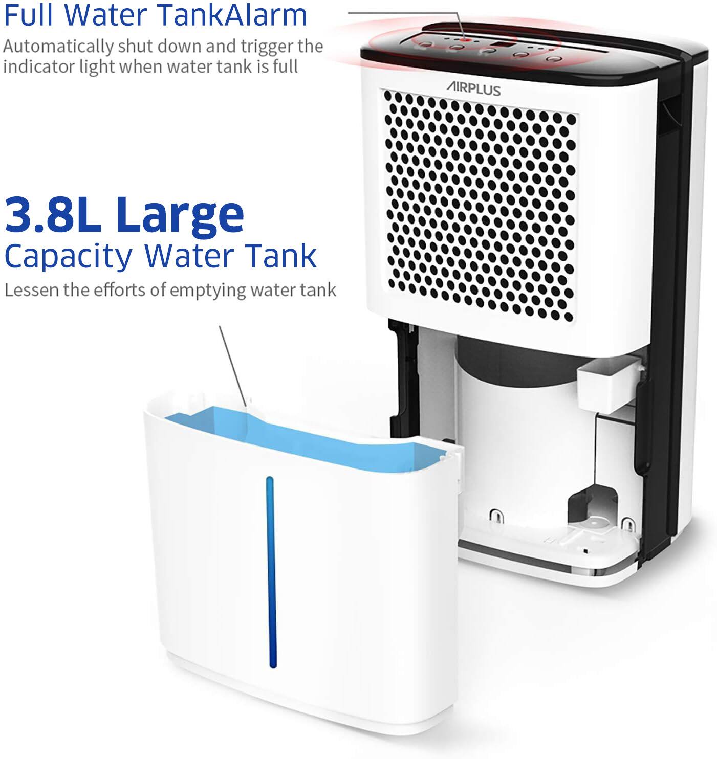 Full Water Tank Alarm  
Automatically shut down and trigger the indicator light when water tank is full  

3.8L Large Capacity Water Tank  
Lessen the efforts of emptying water tank