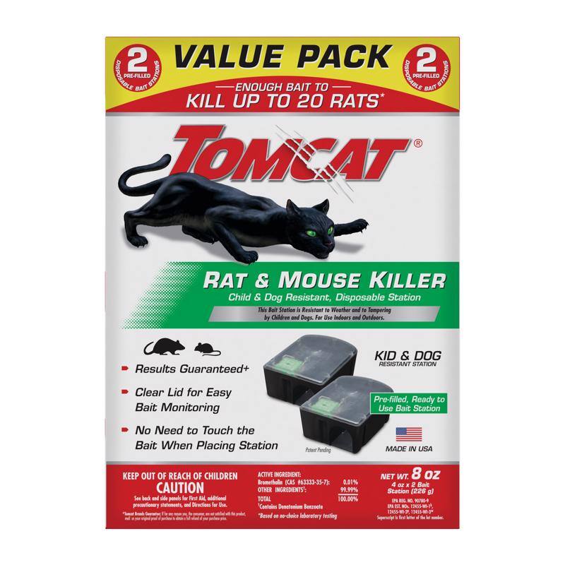 2 VALUE PACK  
ENOUGH BAIT TO KILL UP TO 20 RATS*  
TOMCAT®  
RAT & MOUSE KILLER  
Child & Dog Resistant, Disposable Station  
This Bait Station is Resistant to Weather and to Tempering by Children and Dogs. For Use Indoors and Outdoors.  

- Results Guaranteed+  
- Clear Lid for Easy Bait Monitoring  
- No Need to Touch the Bait When Placing Station  

KID & DOG RESISTANT STATION  
Pre-filled, Ready to Use Bait Station  

MADE IN USA  

KEEP OUT OF REACH OF CHILDREN  
CAUTION  
See back and side panels for First Aid, additional precautionary statements, and Directions for Use.  

ACTIVE INGREDIENT:  
Bromethalin (CAS #63333-35-7) 0.01%  
OTHER INGREDIENTS: 99.99%  
TOTAL 100.00%  
Contains Denatonium Benzoate  
*Based on no-choice laboratory testing  

NET WT. 8 oz (226 g)  
4 oz x 2 Bait Stations (226 g)  
Item No.