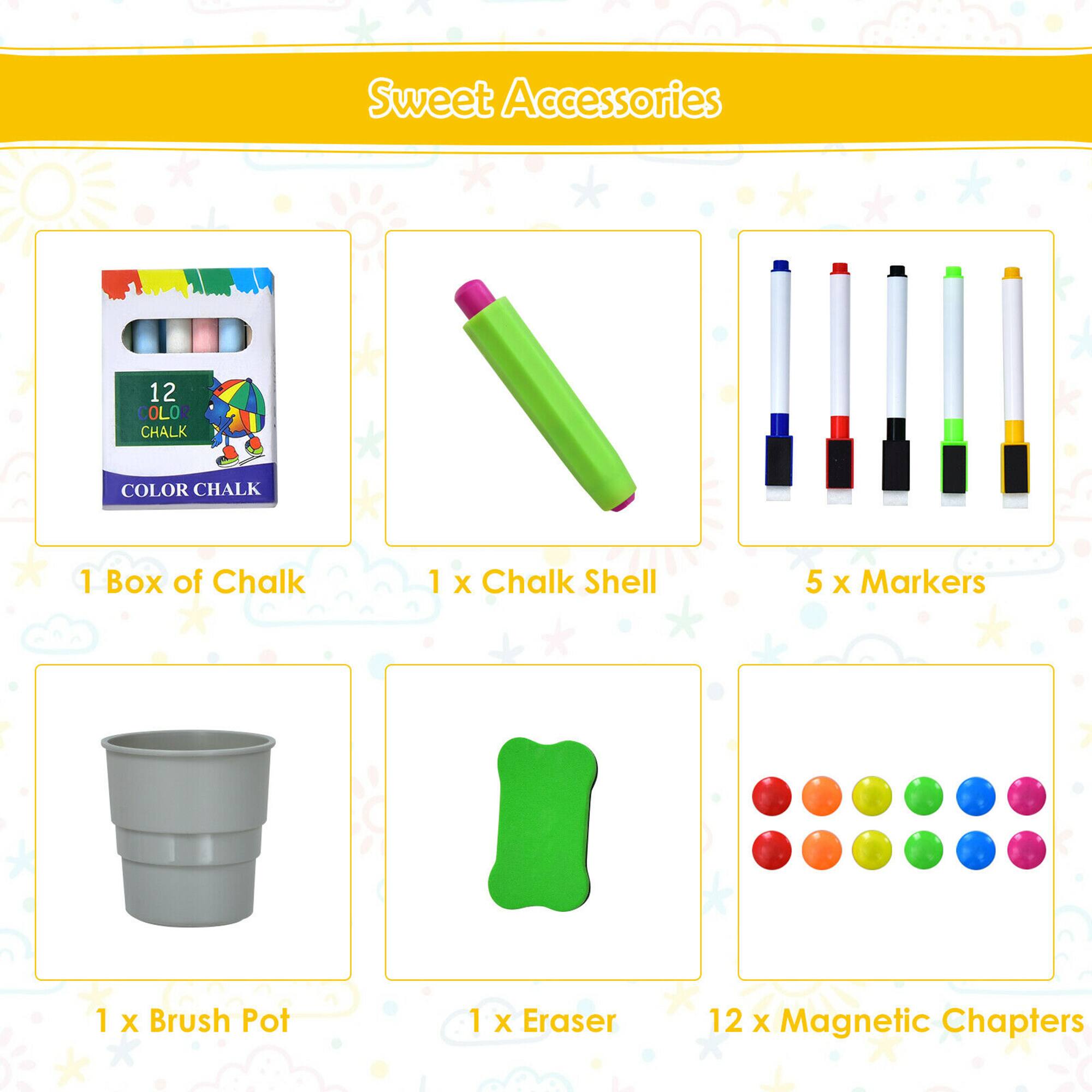 Sweet Accessories

1 Box of Chalk  
1 x Chalk Shell  
5 x Markers  
1 x Brush Pot  
1 x Eraser  
12 x Magnetic Chapters