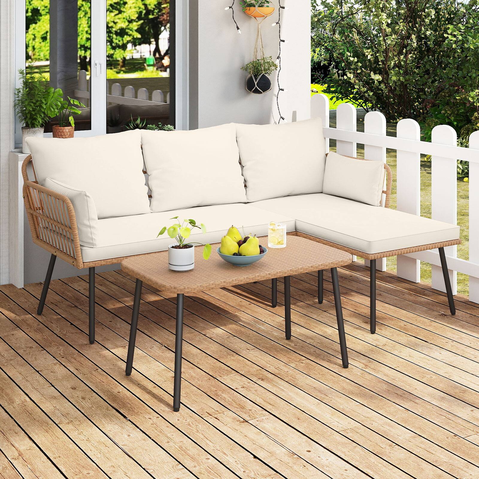 Alt View 1. Gymax - Gymax 3 Pieces L-Shaped Patio Furniture Set w/ Coffee Table Removable Cushions - Yellow.