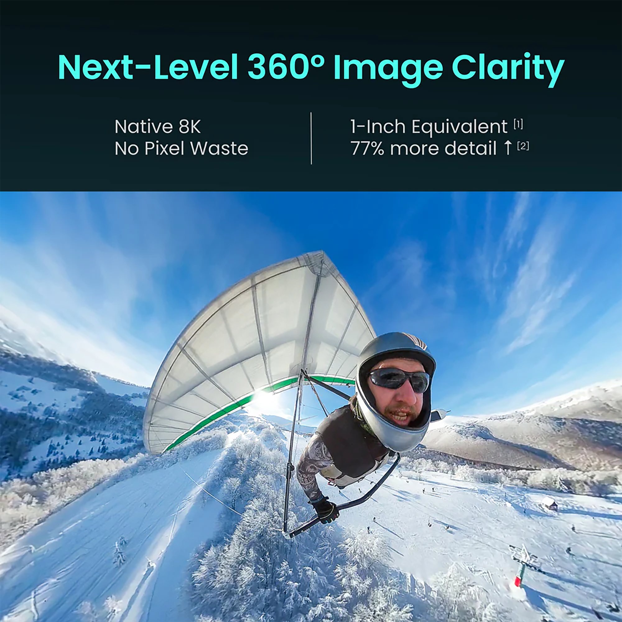 Next-Level 360° Image Clarity  
Native 8K  
No Pixel Waste  

1-Inch Equivalent [1]  
77% more detail [2]