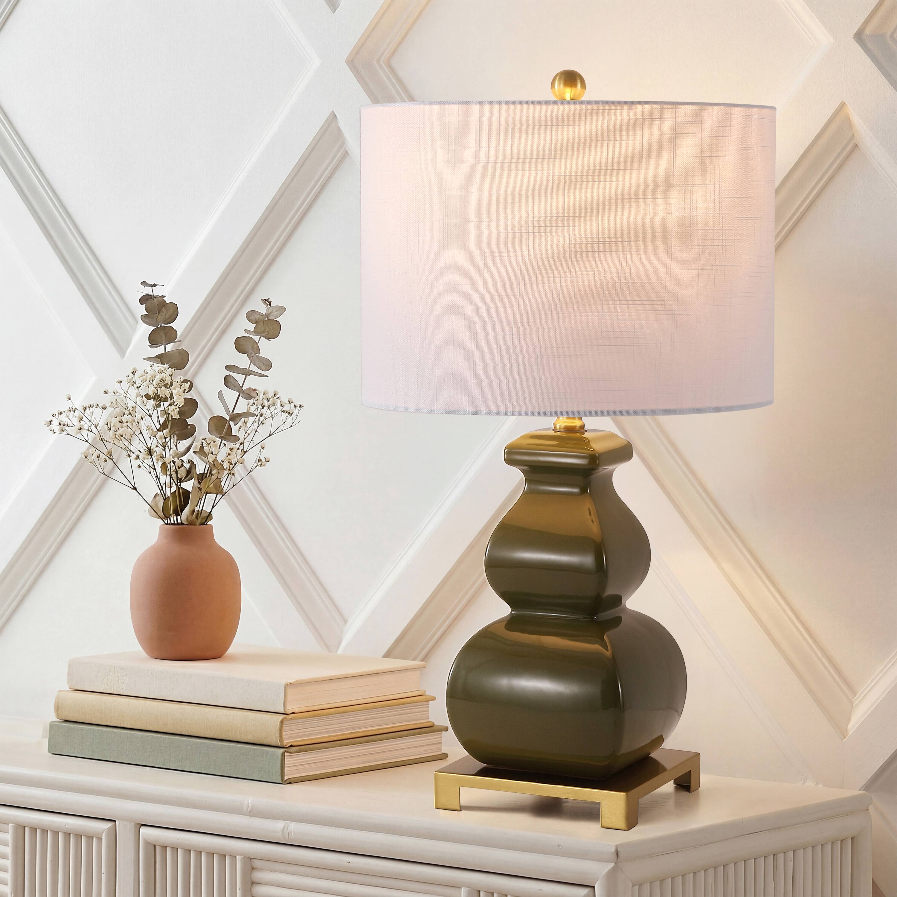Alt View 1. Jonathan Y - Vienna 25.5" Transitional Ceramic Gourd Table Lamp, Classic Green with Brass Gold Base for Living Room - Green.