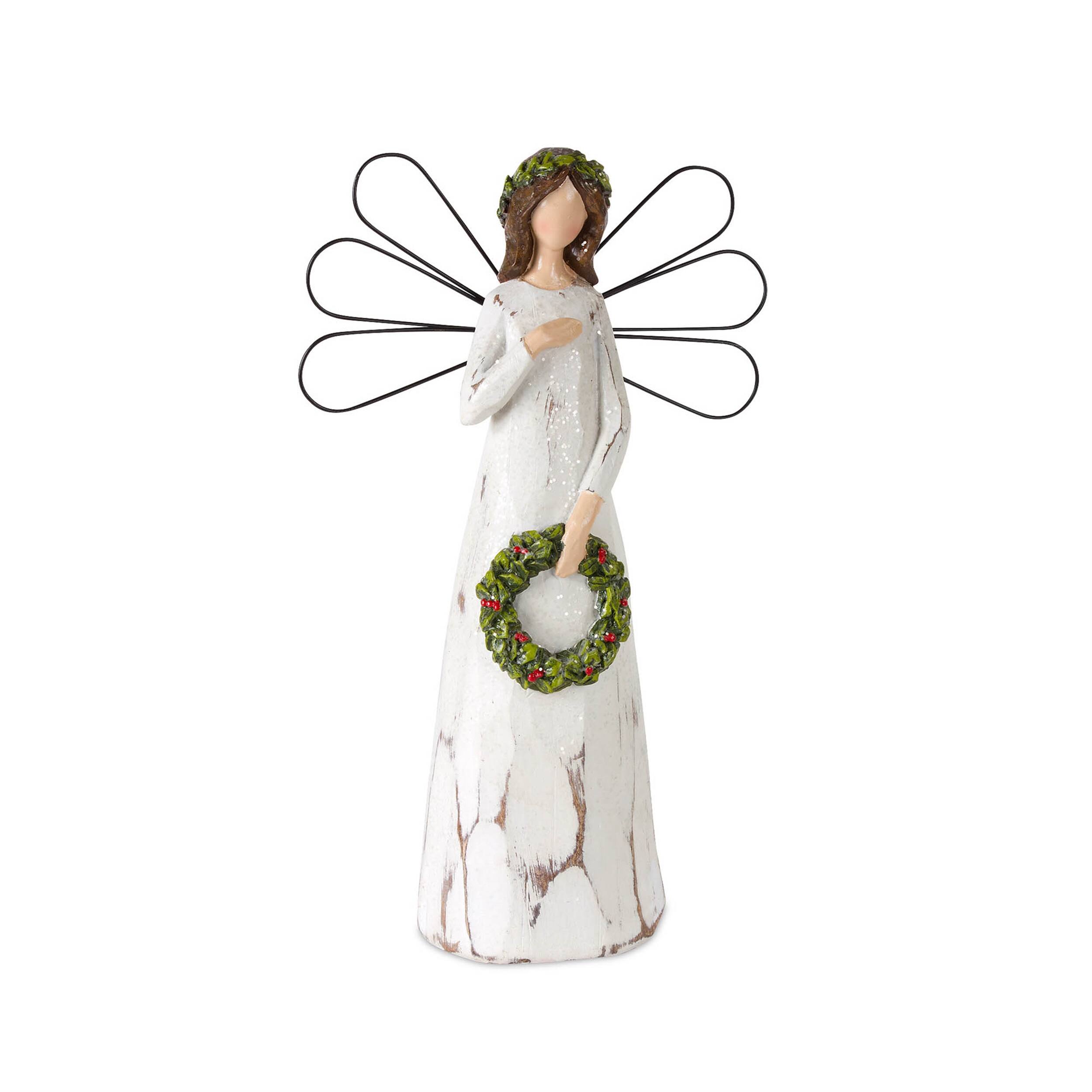 Angle. BreeBe - Frosted Winter Angel with Bird and Wreath Accent (Set of 2) - White, Brown, Green.