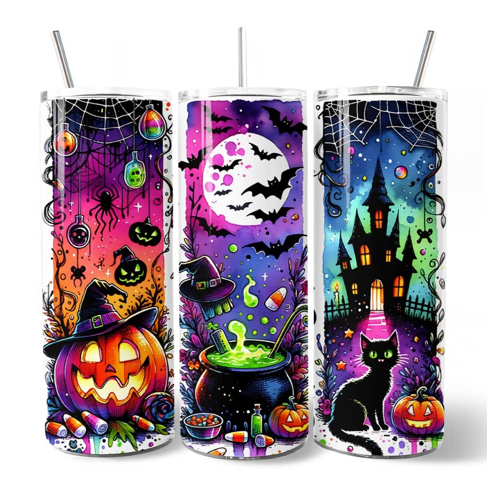 OrnamentallyYou - Neon Halloween Witch Scene 20oz Tumbler With Lid and Stainless Steel Straw, Colorful Spooky Gift Cup - Multicolored