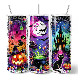 OrnamentallyYou - Neon Halloween Witch Scene 20oz Tumbler With Lid and Stainless Steel Straw, Colorful Spooky Gift Cup - Multicolored