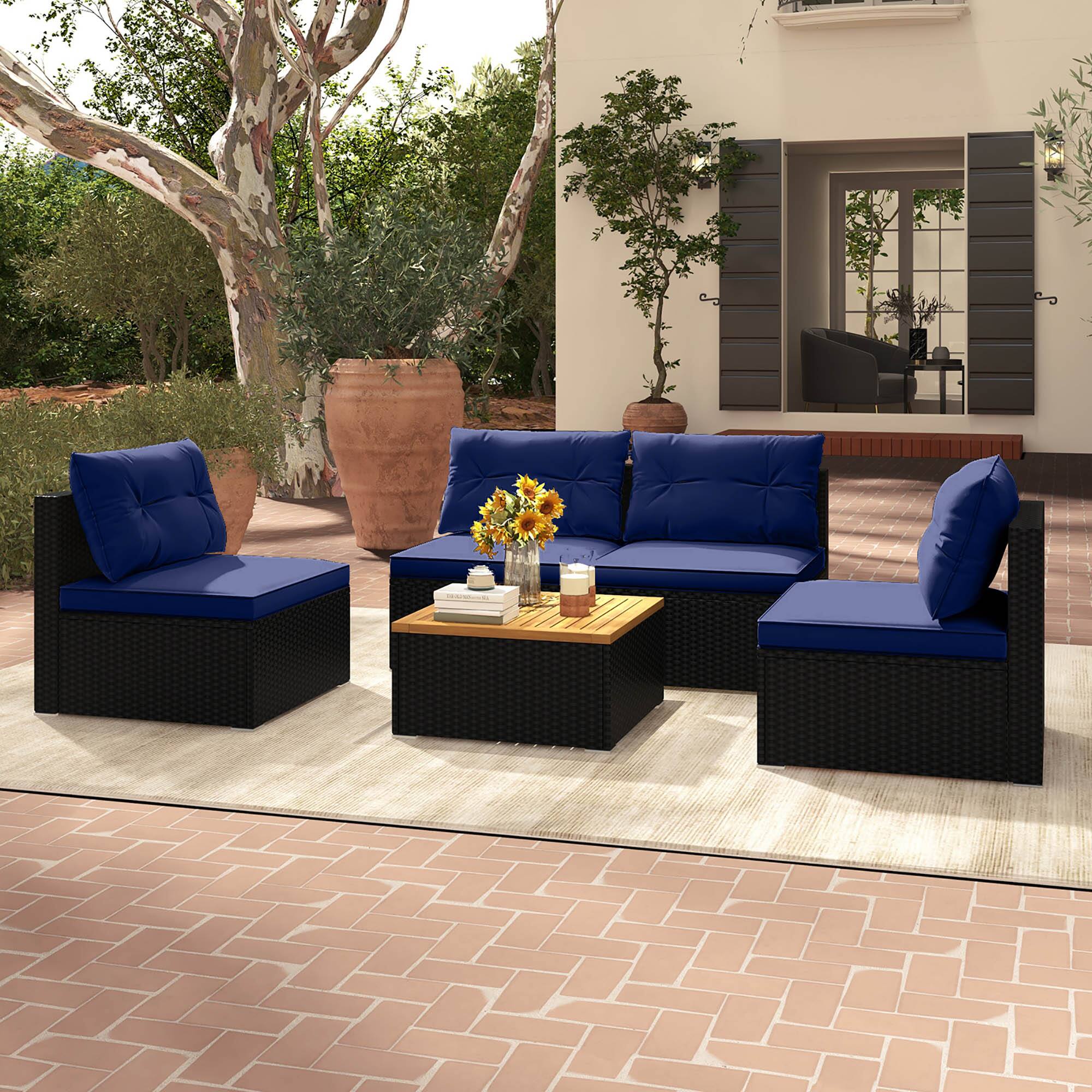 Alt View 8. Gymax - Gymax 5 Piece Outdoor Furniture Set w/ Seat & Back Cushions Acacia Wood Tabletop Navy - Navy.