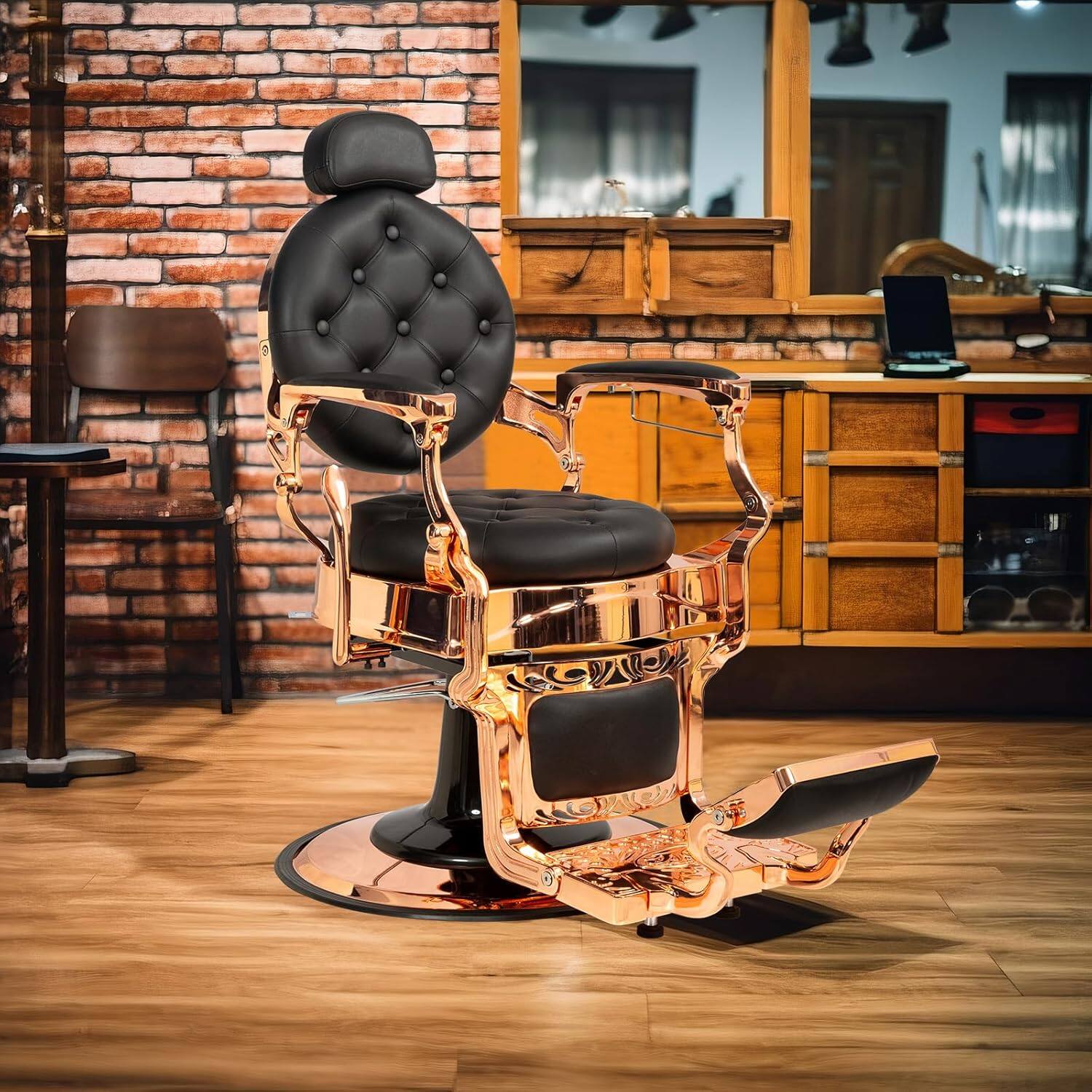 Alt View 5. Winado - Vintage Heavy Duty Recline Barber Chair Salon Beauty All Purpose Equipment with Towel Rack, Removable Headrest, Footrest - Rose Gold & Black.