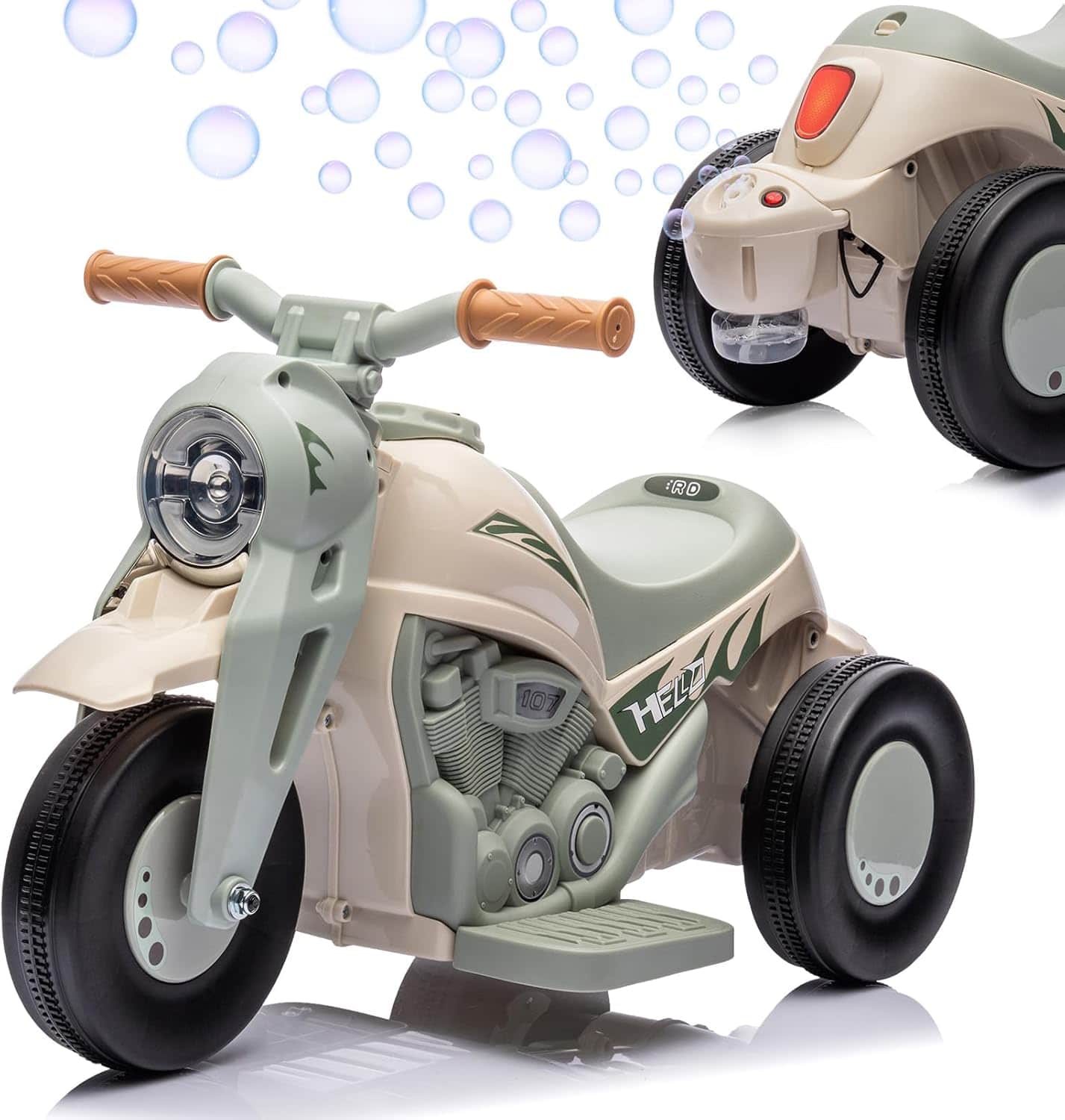GARVEE - 6V Kids Electric Bubble Motorcycle, 3-Wheel Ride-On Toy with LED Lights, Music & Bubble Blower - Beige