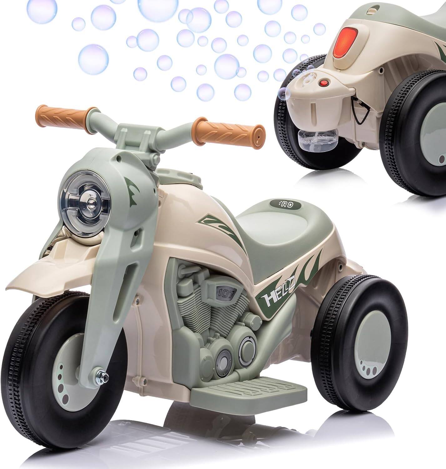 Acekool - Ride-On Bubble Motorcycle for Kids, 6V Electric 3-Wheel Toy with Light, Music & Bubble Maker - Beige