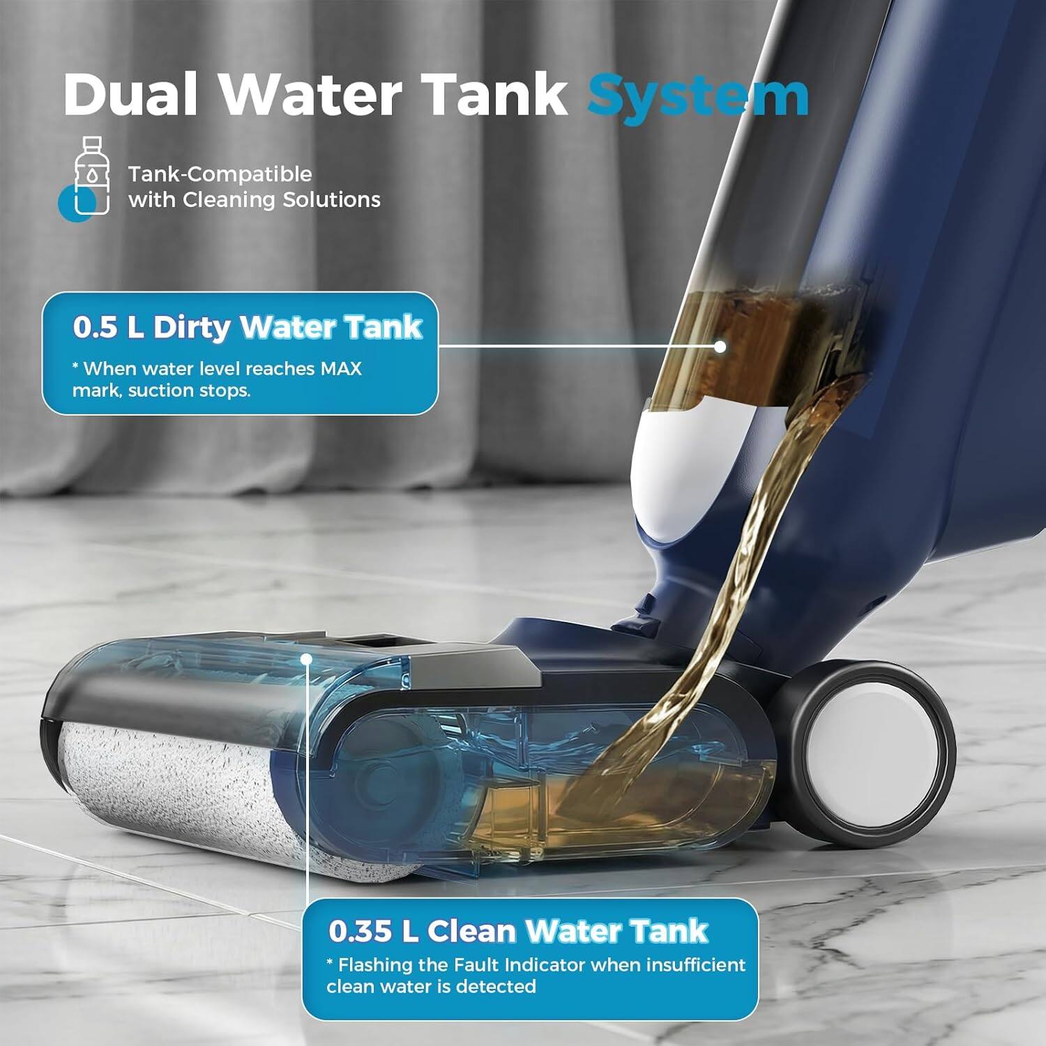 Dual Water Tank System

- Tank-Compatible with Cleaning Solutions

0.5 L Dirty Water Tank
- When water level reaches MAX mark, suction stops.

0.35 L Clean Water Tank
- Flashing the Fault Indicator when insufficient clean water is detected