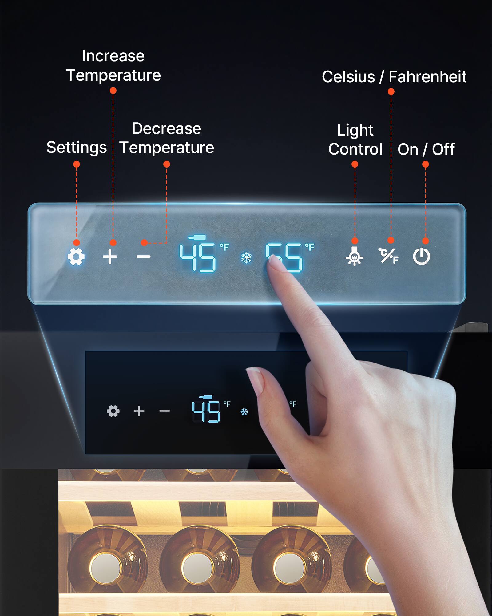 Increase Temperature Celsius Celsius/Fahrenheit I Decrease Settings Temperature Light Control On On / Off / + - F 45 F 55 W F + - *F 45 F