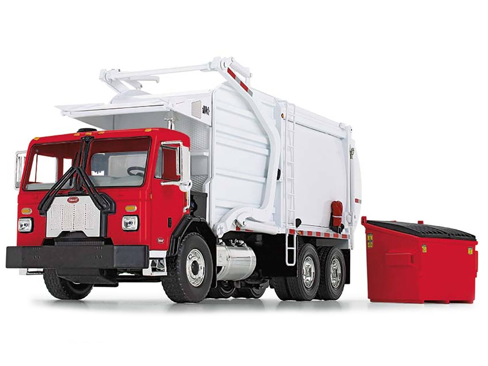 Alt View 2. First Gear - Peterbilt 520 Refuse Garbage Truck with Wittke Front Loader and Trash Bin Red and White 1/34 Diecast Model by First Gear.