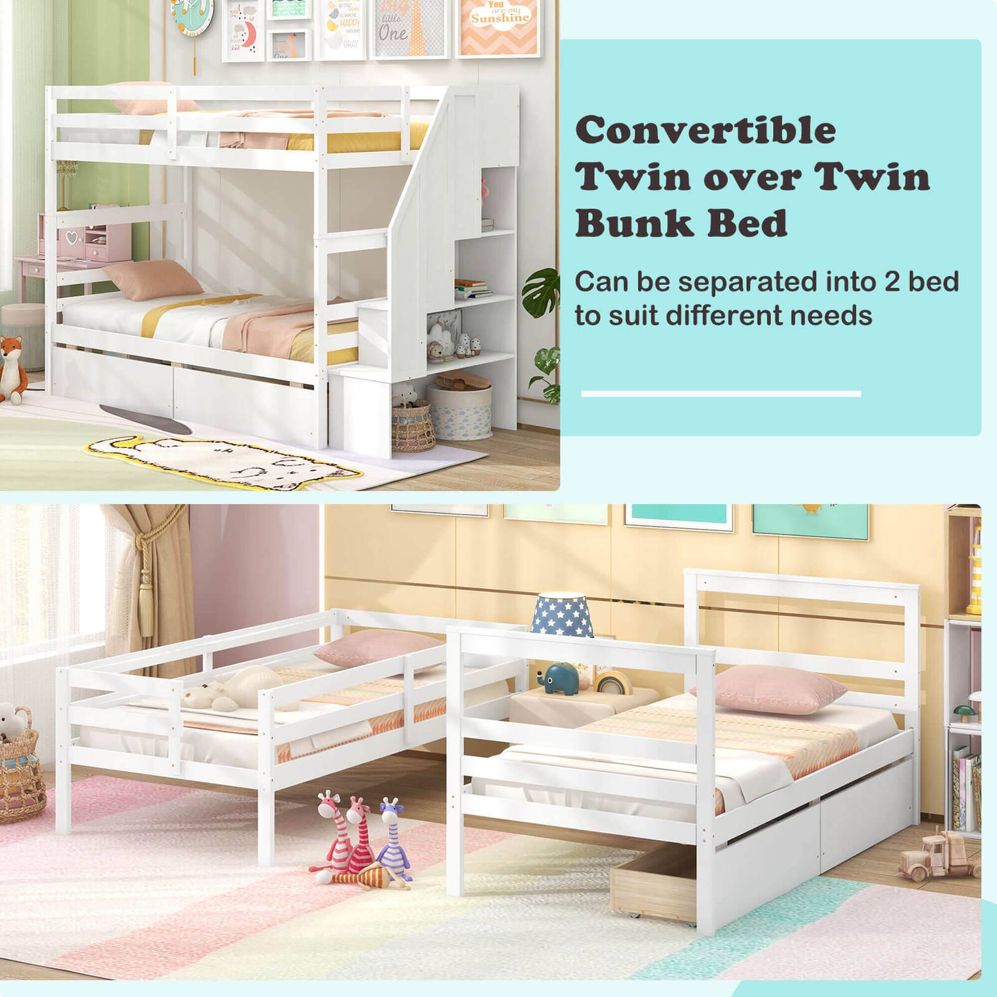 The text on the image reads: "Convertible Twin over Twin Bunk Bed Can be separated into 2 bed to suit different needs."