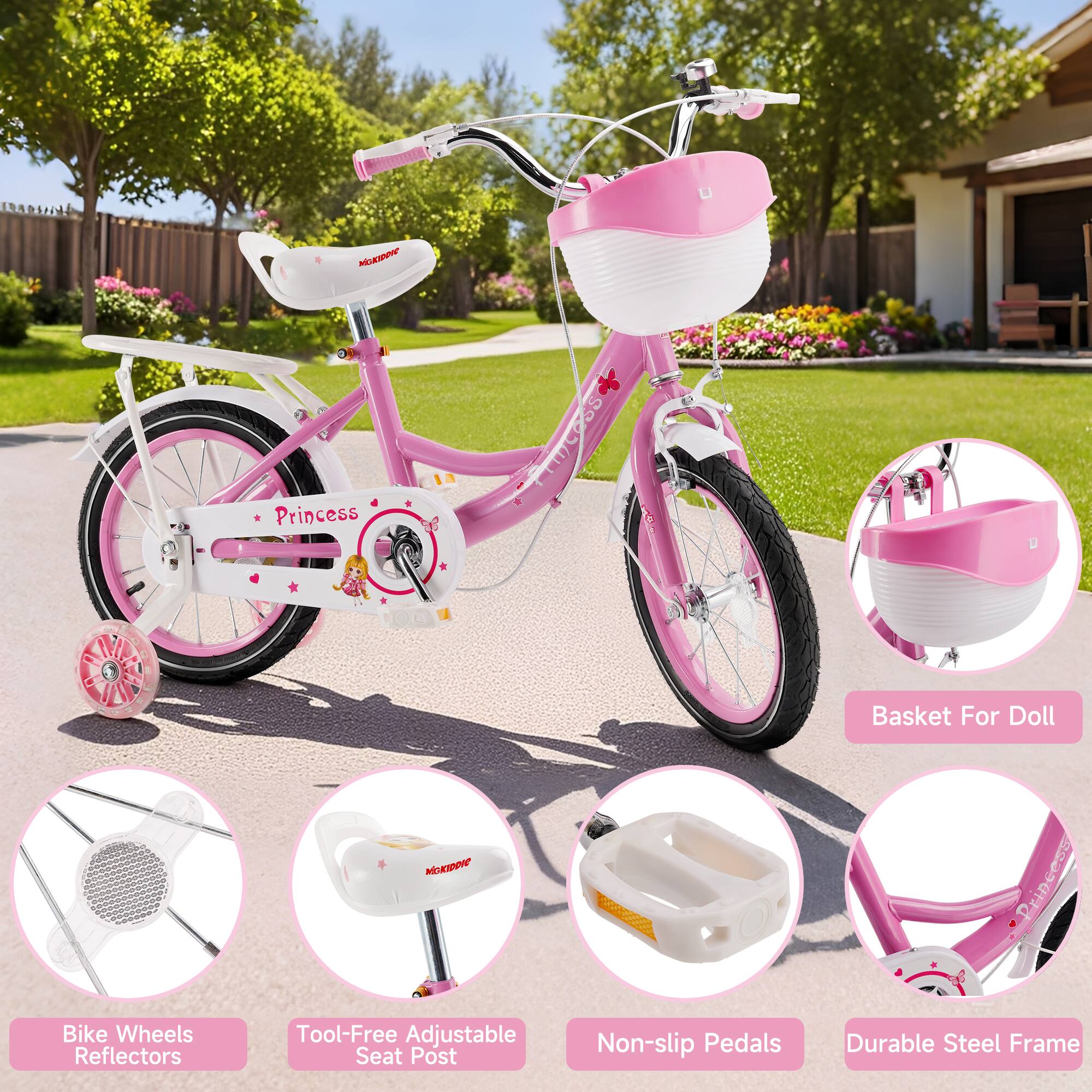 - Princess Basket For Doll
- Bike Wheels Reflectors
- Tool-Free Adjustable Seat Post
- Non-slip Pedals
- Durable Steel Frame