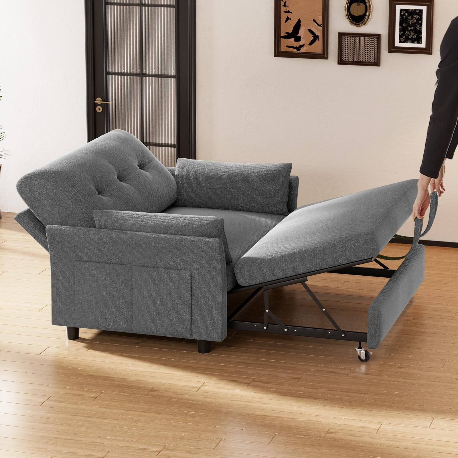 Angle. Dyonery - 3-in-1 Pull Out Sleeper Sofa with Reclining Backrest & Side Pocket, Tool-Free Assembly, Loveseat - Grey.