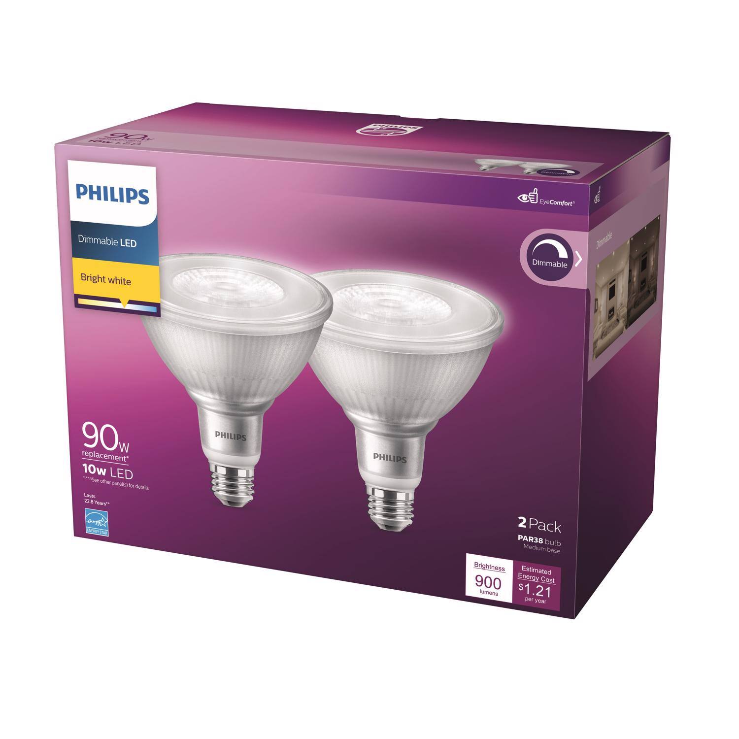 H C PHILIPS CyeComfort" 6 Dimmable LED Bright white Dimmable Amte 90w replacement* 10w LED - - S - -a LE 2 a -  PHILIPS PHILI PS 2 Pack PAR38 bulb Medium base Brightness 900 lumens Estimated Energy Cost $1.21 per year