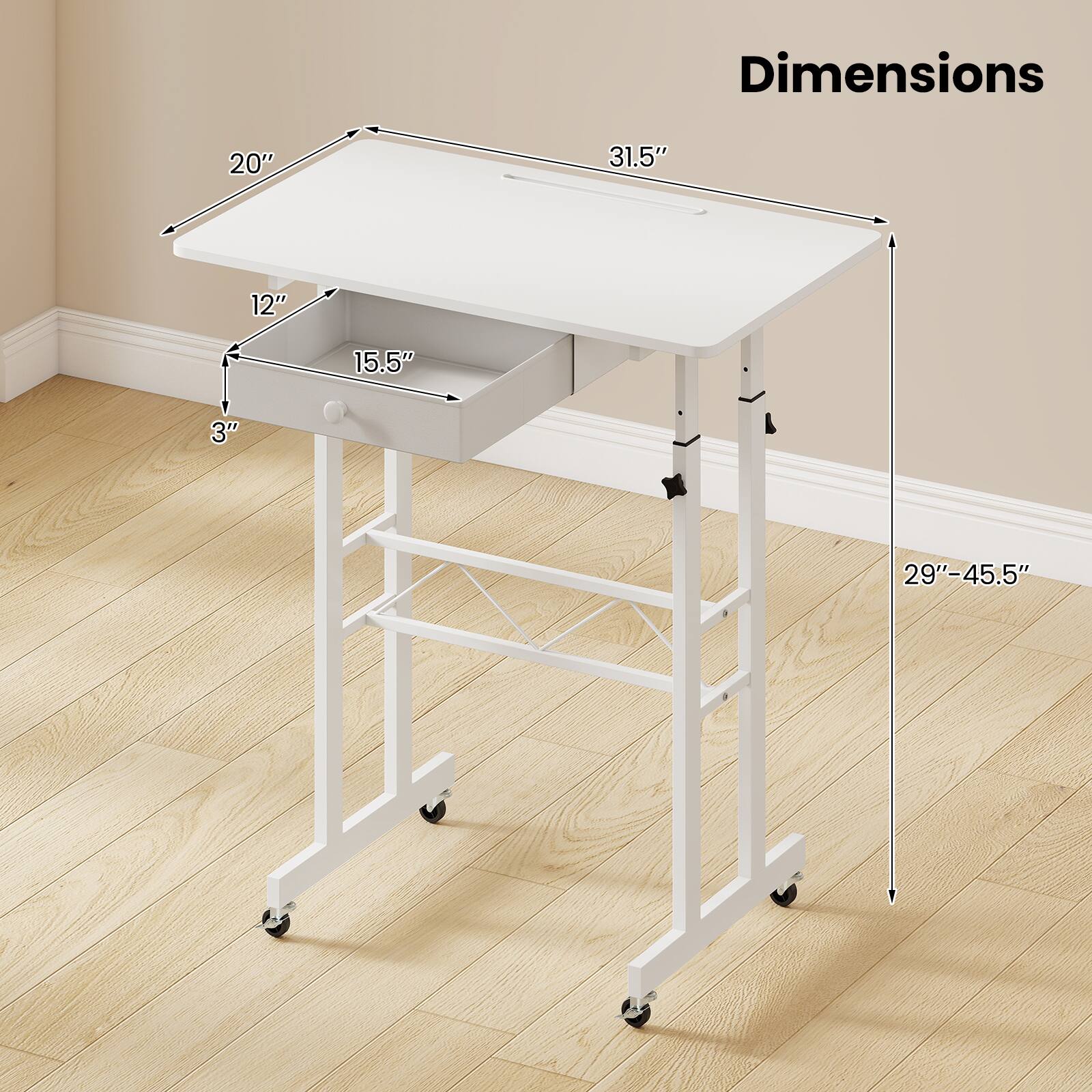 Dimensions: 20" x 31.5" x 12" x 15.5" x 3" x 29"-45.5"