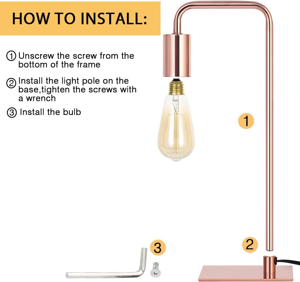 HOW TO INSTALL:  
1. Unscrew the screw from the bottom of the frame  
2. Install the light pole on the base, tighten the screws with a wrench  
3. Install the bulb