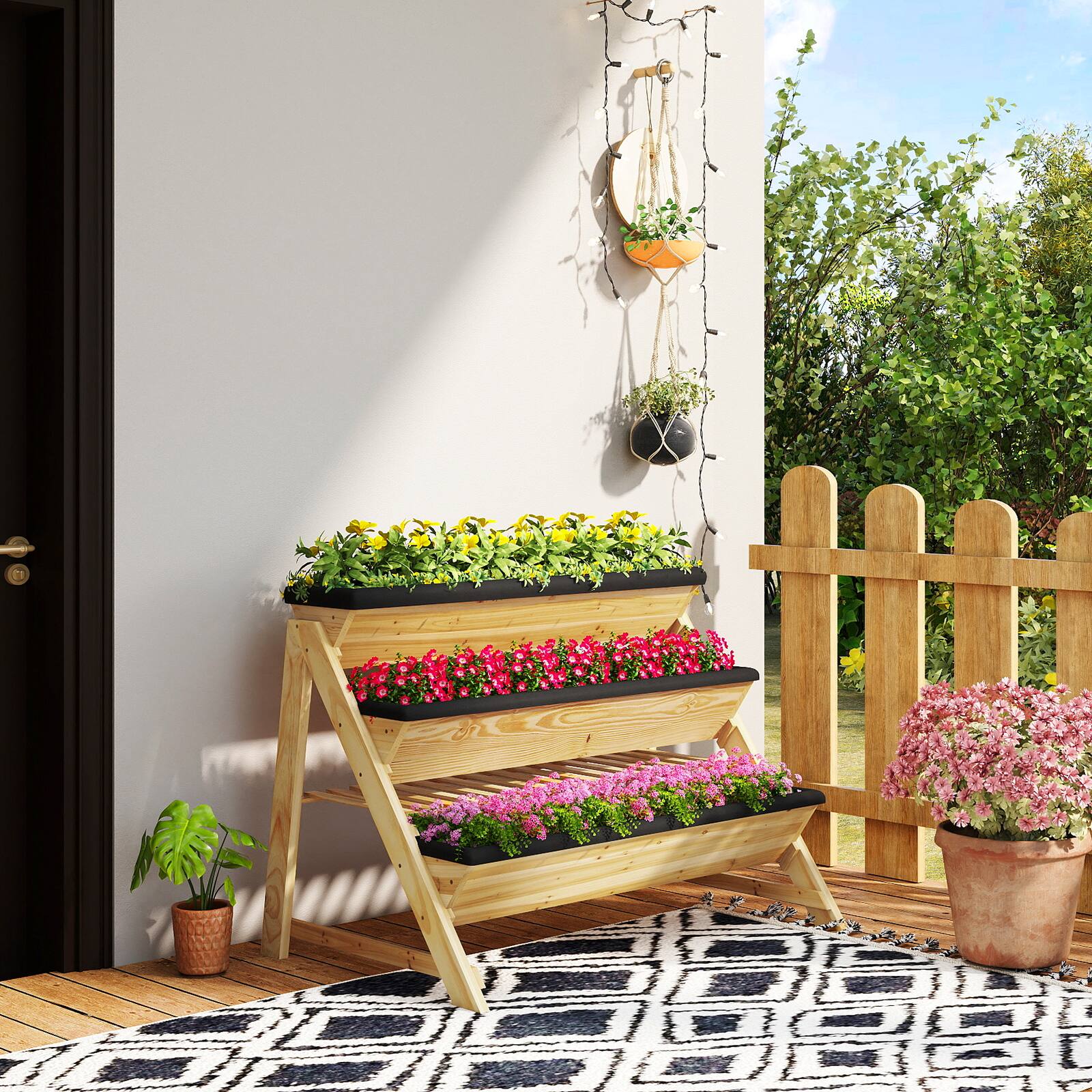 Alt View 1. Costway - 3 Tier Wooden Vertical Raised Garden Bed w/Storage Shelf, Side Hook & Liners - Natural.