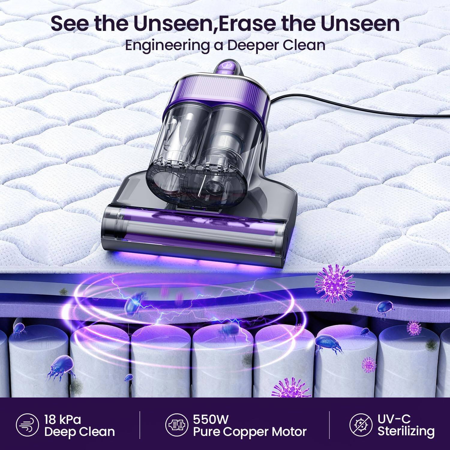 See the Unseen, Erase the Unseen  
Engineering a Deeper Clean  

18 kPa Deep Clean  
550W Pure Copper Motor  
UV-C Sterilizing