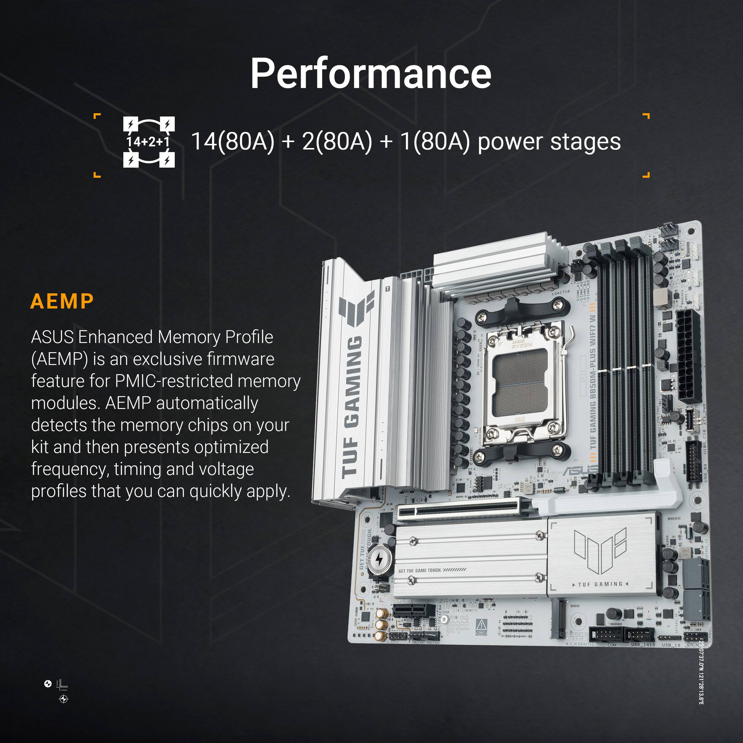 Performance  
14(80A) + 2(80A) + 1(80A) power stages  

AEMP  
ASUS Enhanced Memory Profile (AEMP) is an exclusive firmware feature for PMIC-restricted memory modules. AEMP automatically detects the memory chips on your kit and then presents optimized frequency, timing and voltage profiles that you can quickly apply.