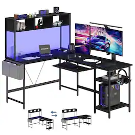 Anysun - 67" L-Shape Gaming Desk with LED Lights-Corner Computer Table with Keyboard Tray, Side Bag & Storage Shelf, Metal Frame - Black