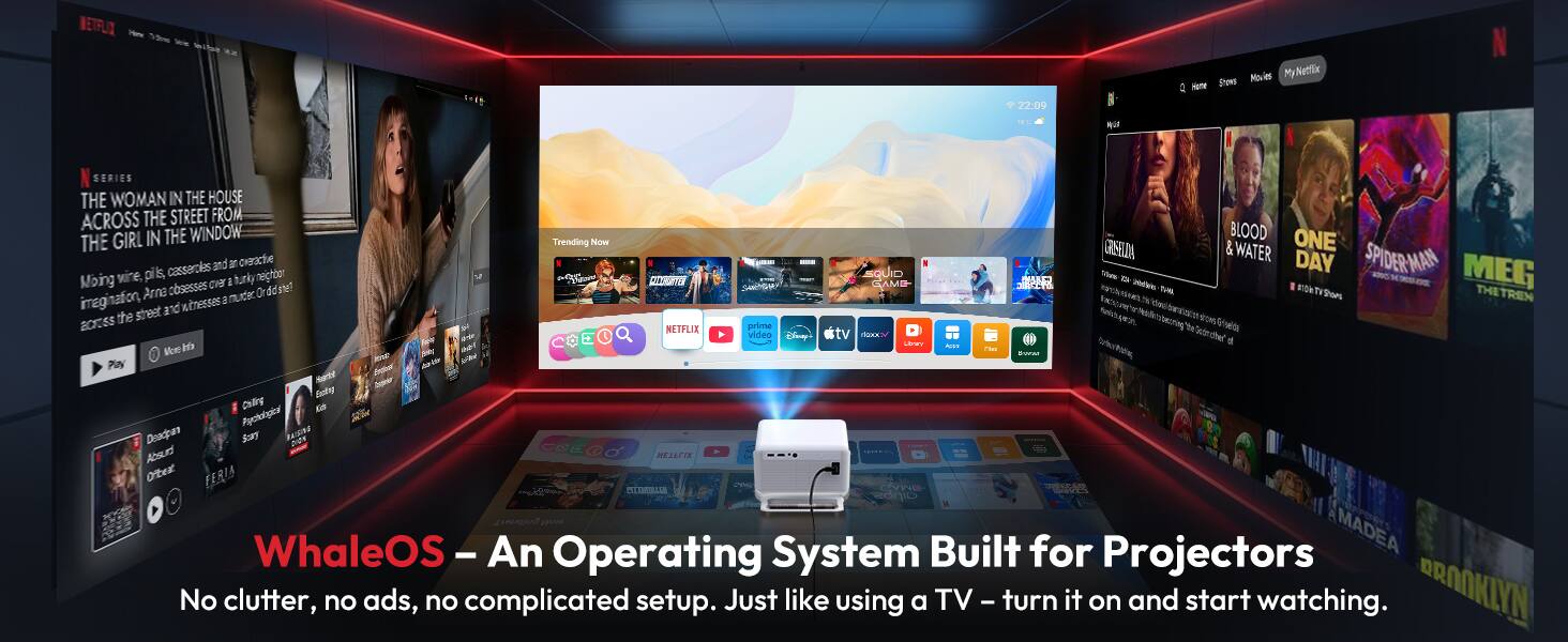 Sure, here is the corrected and grouped text:

---

**NETFLIX**

**THE WOMAN IN THE HOUSE ACROSS THE STREET FROM THE GIRL IN THE WINDOW**

A psychological thriller about a woman who witnesses a murder from her window and becomes obsessed with the case. As she delves deeper, she uncovers a web of secrets and danger.

**Trending Now**

- **SQUID GAME**
- **SPIDER-MAN: NO WAY HOME**
- **MEG 2: THE TORNADO**
- **BLOOD & WATER**
- **ONE DAY**
- **GRISEAZA**

**WhaleOS – An Operating System Built for Projectors**

No clutter, no ads, no complicated setup. Just like using a TV – turn it on and start watching.

**BRONX**

**NETFLIX**

**TRENDING NOW**

- **SQUID GAME**
- **SPIDER-MAN: NO WAY HOME**
- **MEG 2: THE TORNADO**
- **BLOOD & WATER**
- **ONE DAY**
- **GRISEAZA**

**WhaleOS – An Operating System Built for Projectors**

No clutter, no ads, no complicated setup. Just like using a