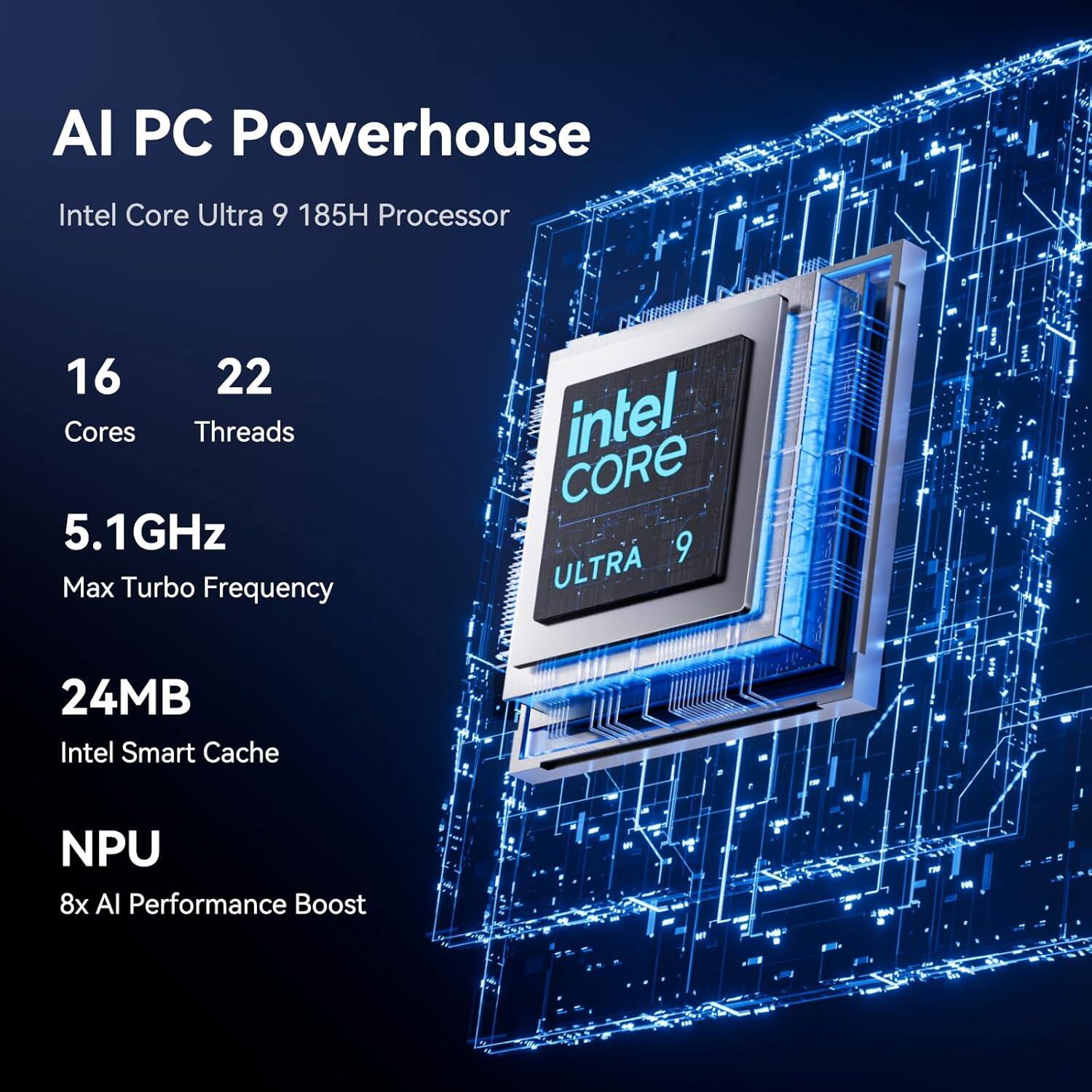 AI PC Powerhouse  
Intel Core Ultra 9 185H Processor  

16 Cores  
22 Threads  

5.1GHz Max Turbo Frequency  

24MB Intel Smart Cache  

NPU  
8x AI Performance Boost