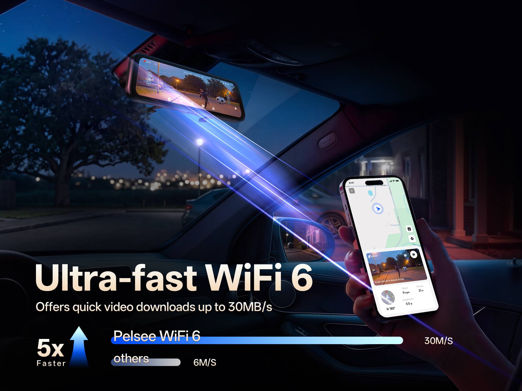 Ultra-fast WiFi 6  
Offers quick video downloads up to 30MB/s  

5x Faster  
Pelsee WiFi 6  
others  
6M/S  
30M/S