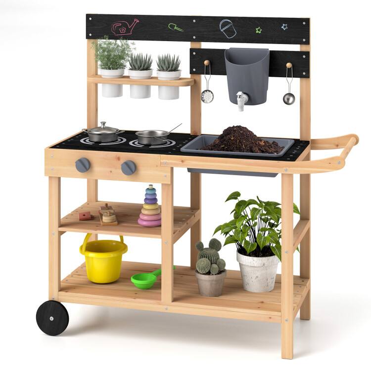 Front. SlickBlue - Kids Outdoor Wooden Play Kitchen with Blackboard and Planting Pots - Natural.