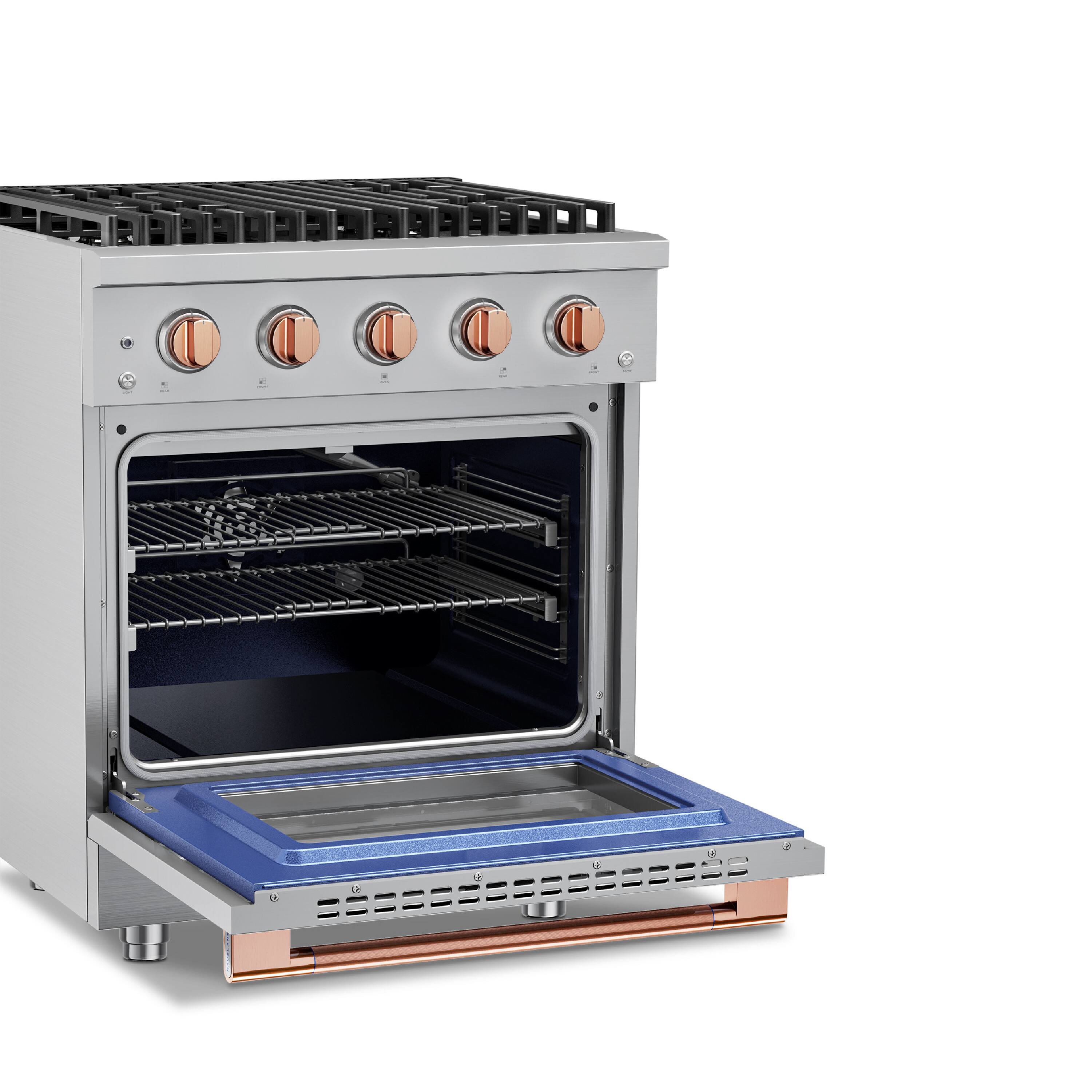 Alt View 3. Hauslane - 30" Rose Gold Gas Range 4 Burners (20,000 BTU) 4.2 cu.ft Convection Oven 5 Racks Convertible NG/LP - Rose Gold.