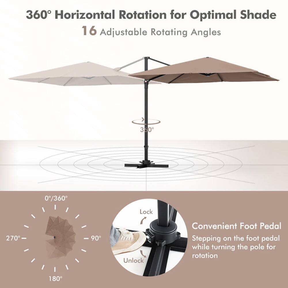 360° Horizontal Rotation for Optimal Shade  
16 Adjustable Rotating Angles  

0°/360° Lock  
270° 90° Unlock  

Convenient Foot Pedal  
Stepping on the foot pedal while turning the pole for rotation
