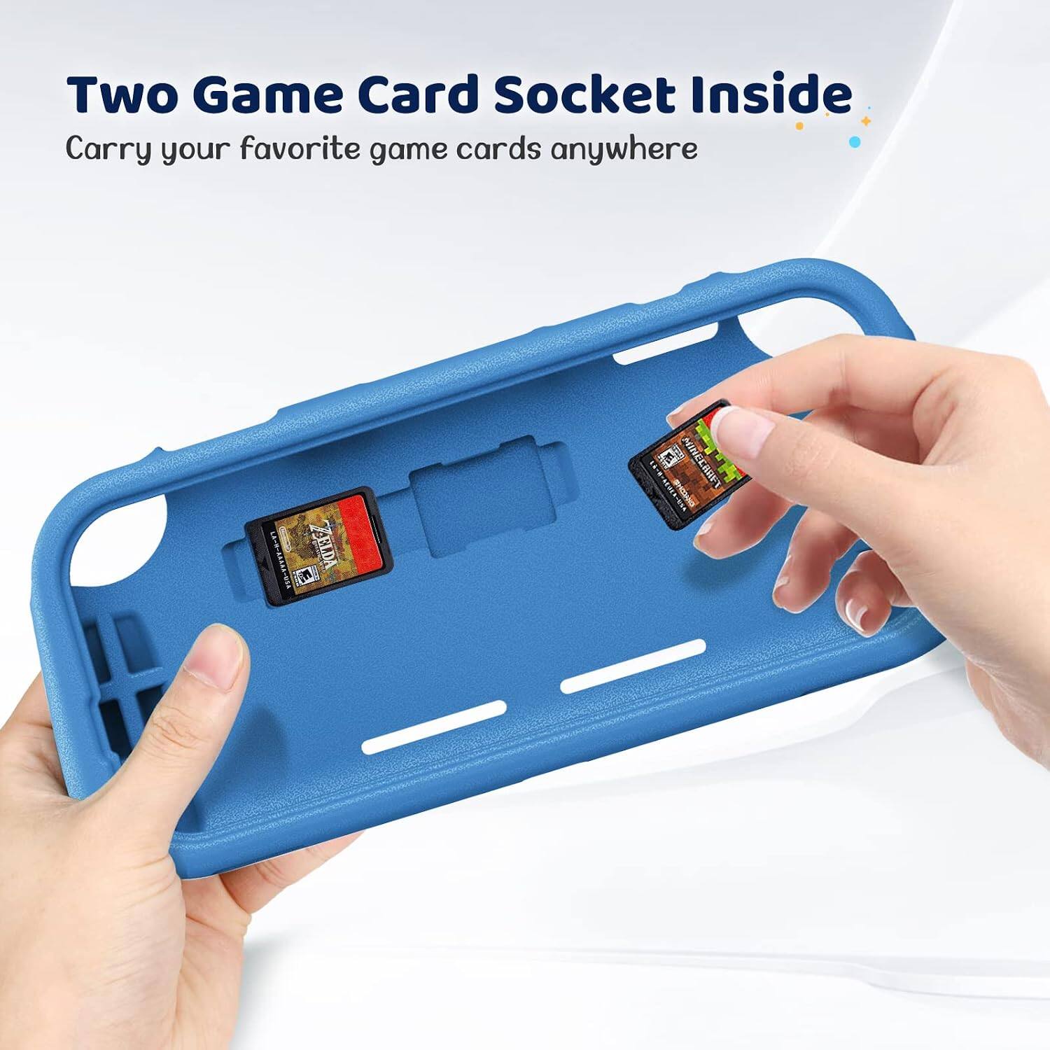 Two Game Card Socket Inside  
Carry your favorite game cards anywhere  

LA-H-AAAA-USA ZELDA  
M MINECRAFT