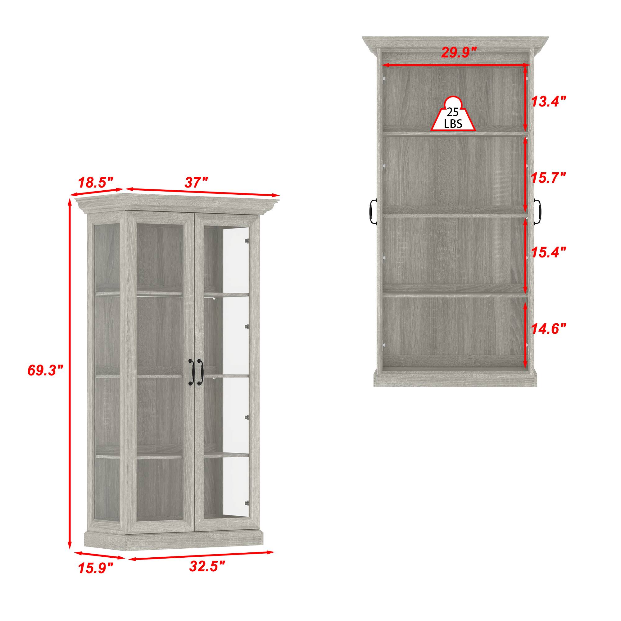18.5" 37" 69.3" 15.9" 32.5" 29.9" 25 LBS 13.4" 15.7" 15.4" 14.6"