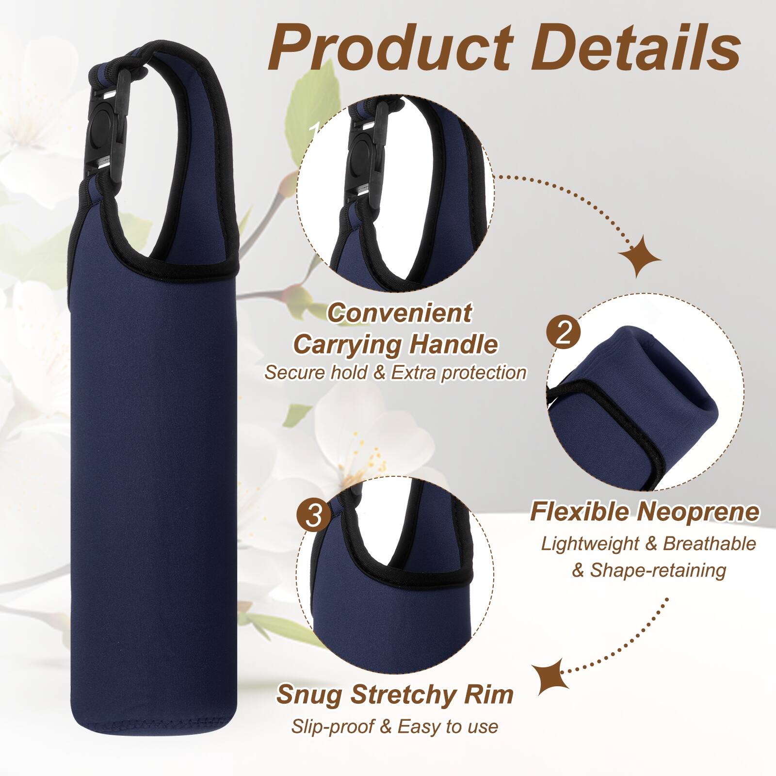 Product Details

1. Convenient Carrying Handle
   - Secure hold & Extra protection

2. Flexible Neoprene
   - Lightweight & Breathable & Shape-retaining

3. Snug Stretchy Rim
   - Slip-proof & Easy to use