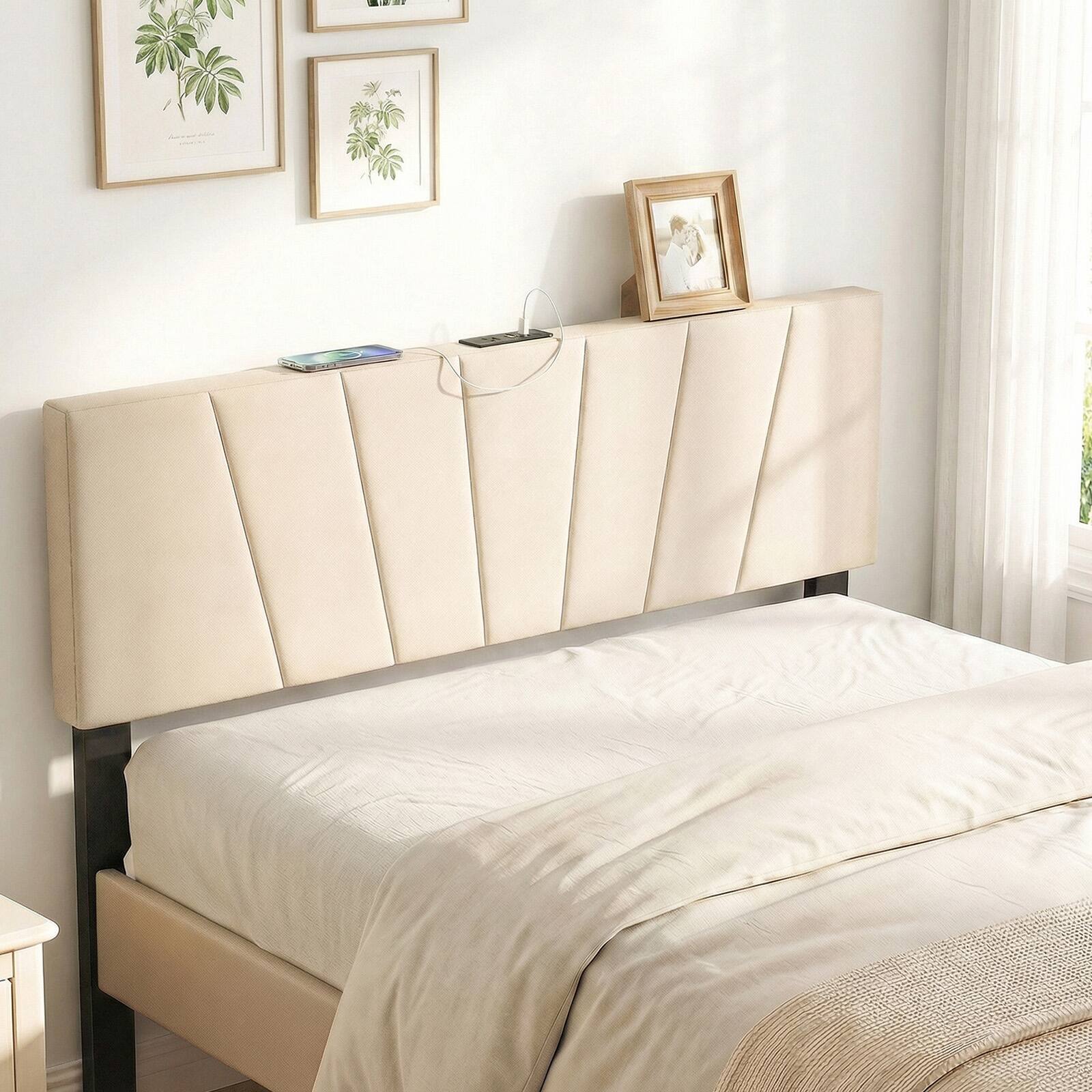 Alt View 4. Gymax - Gymax Headboard for Queen&Full Size BedGeometric Upholstered Head Board w/2AC Outlets Beige - Beige.