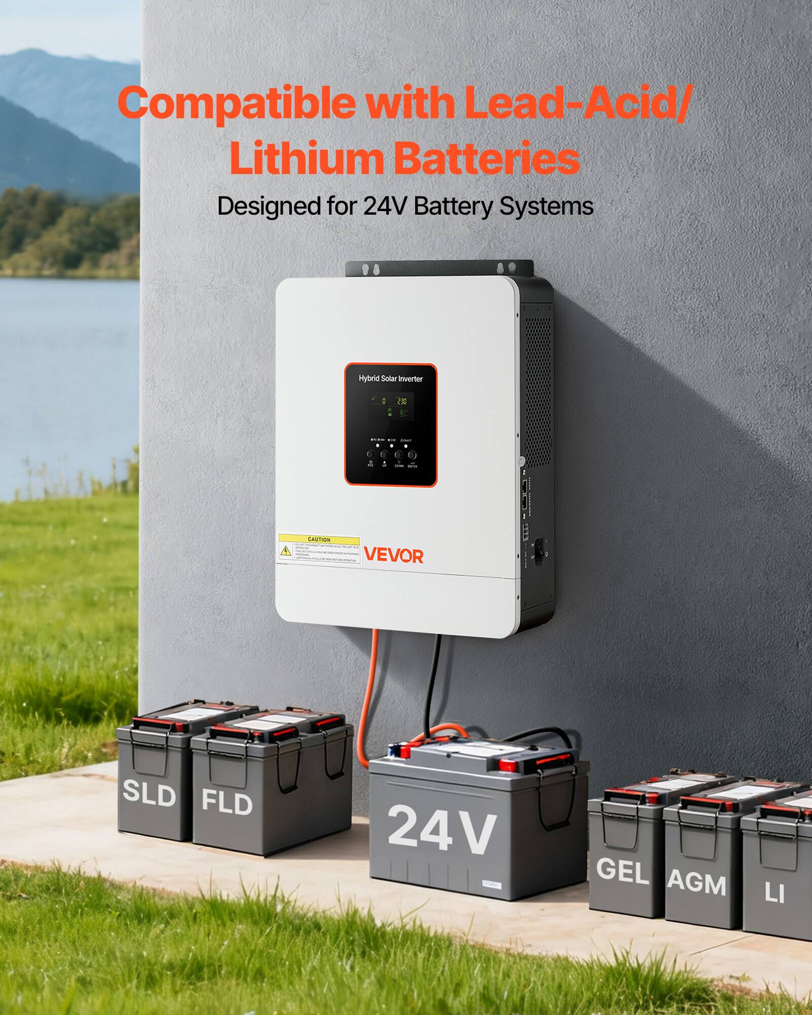 Compatible with Lead-Acid/ Lithium Batteries  
Designed for 24V Battery Systems  

Hybrid Solar Inverter  

SLD FLD  
24V  
GEL AGM  
LI